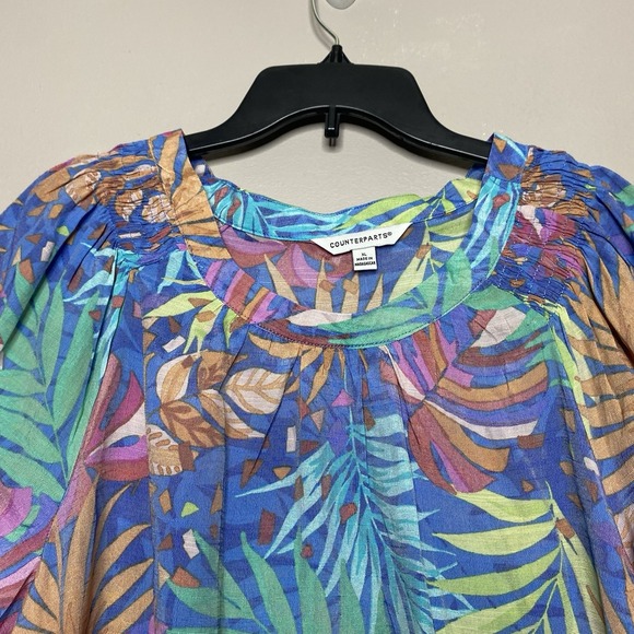 Counterparts Tropical Blouse Top Women's SZ XL Smocked Flutter Sleeve Blue Multi - Picture 5 of 16